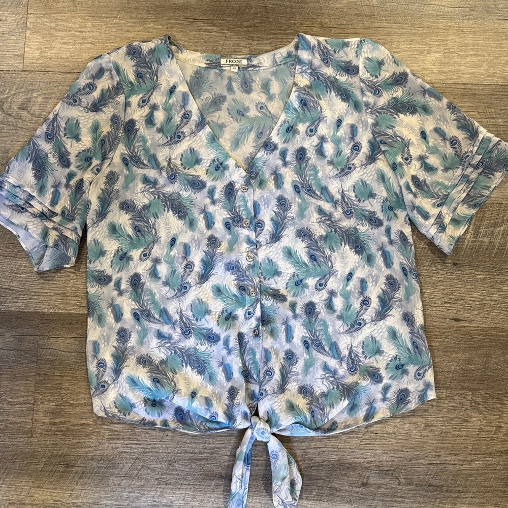 Blue, Green & White Peacock Feather Print Blouse
